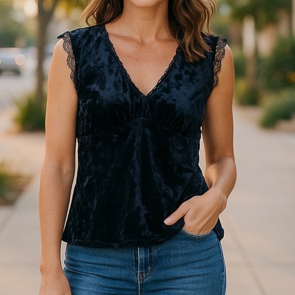 DKNY | Velvet Black Lace Beaded V Neck Sleeveless Top XL Elevated Date Night - Picture 1 of 9
